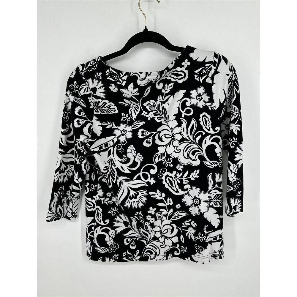 Croft And Barrow Women Long Sleeve Black and White Floral Top - Picture 2 of 4